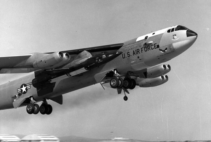The B-52 taking off with the X-15 mounted to it, with test pilot Scott Crossfield
